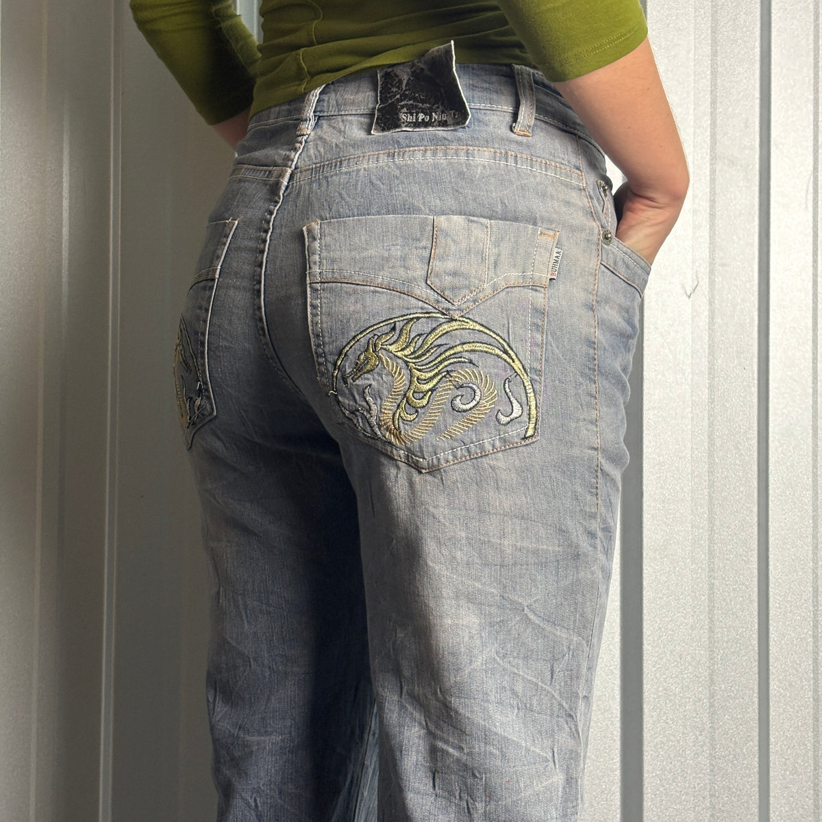 Embroidered Blue Dragon Japanese Denim Hip Hop Y2K Baggy Jeans - 30R