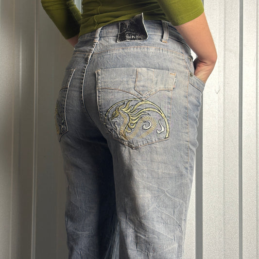 Embroidered Blue Dragon Japanese Denim Hip Hop Y2K Baggy Jeans - 30R