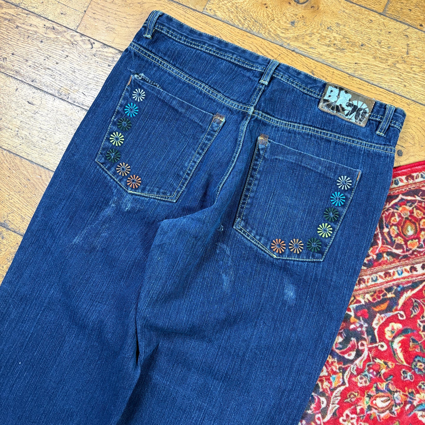 Vintage Floral Blue Embroidered Y2K Hip Hop Baggy Jeans - 38