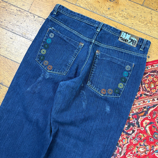 Vintage Floral Blue Embroidered Y2K Hip Hop Baggy Jeans - 38