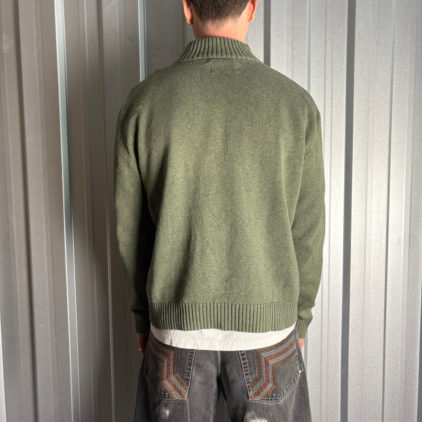 Vintage Ralph Lauren Green Quarter Zip Chunky Knit Jumper - L