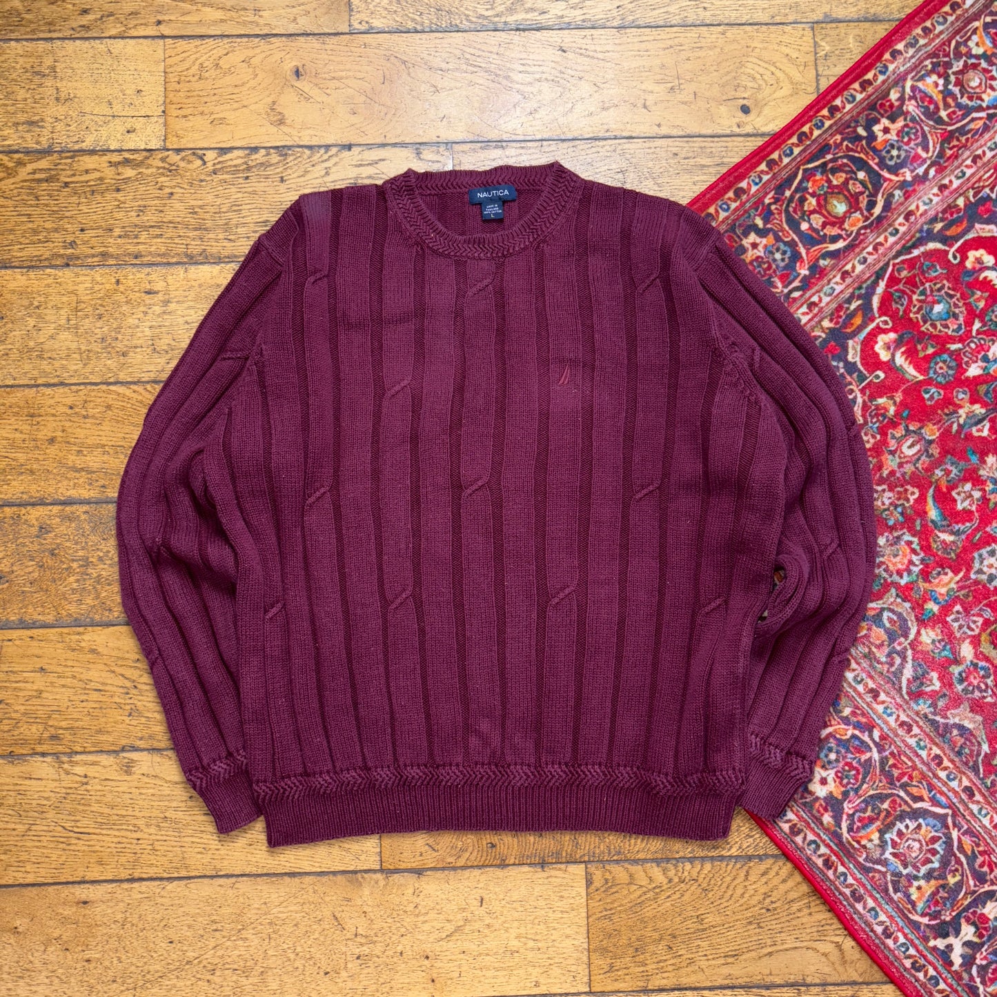 Vintage Nautica Burgundy Cable Embroidered Knit Jumper - XL