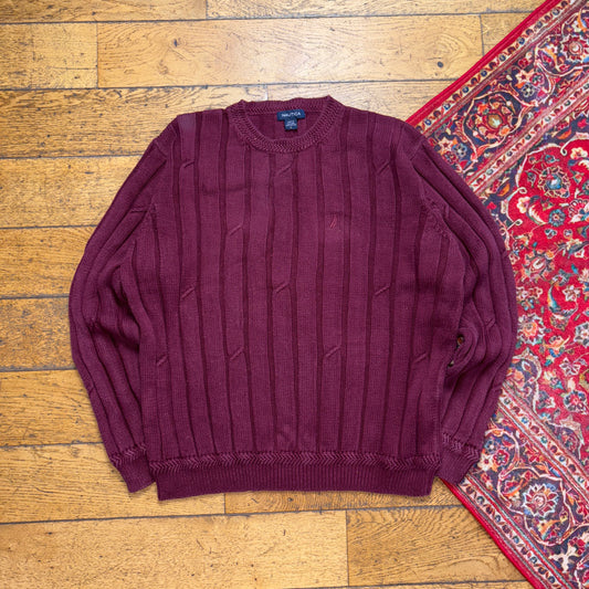 Vintage Nautica Burgundy Cable Embroidered Knit Jumper - XL