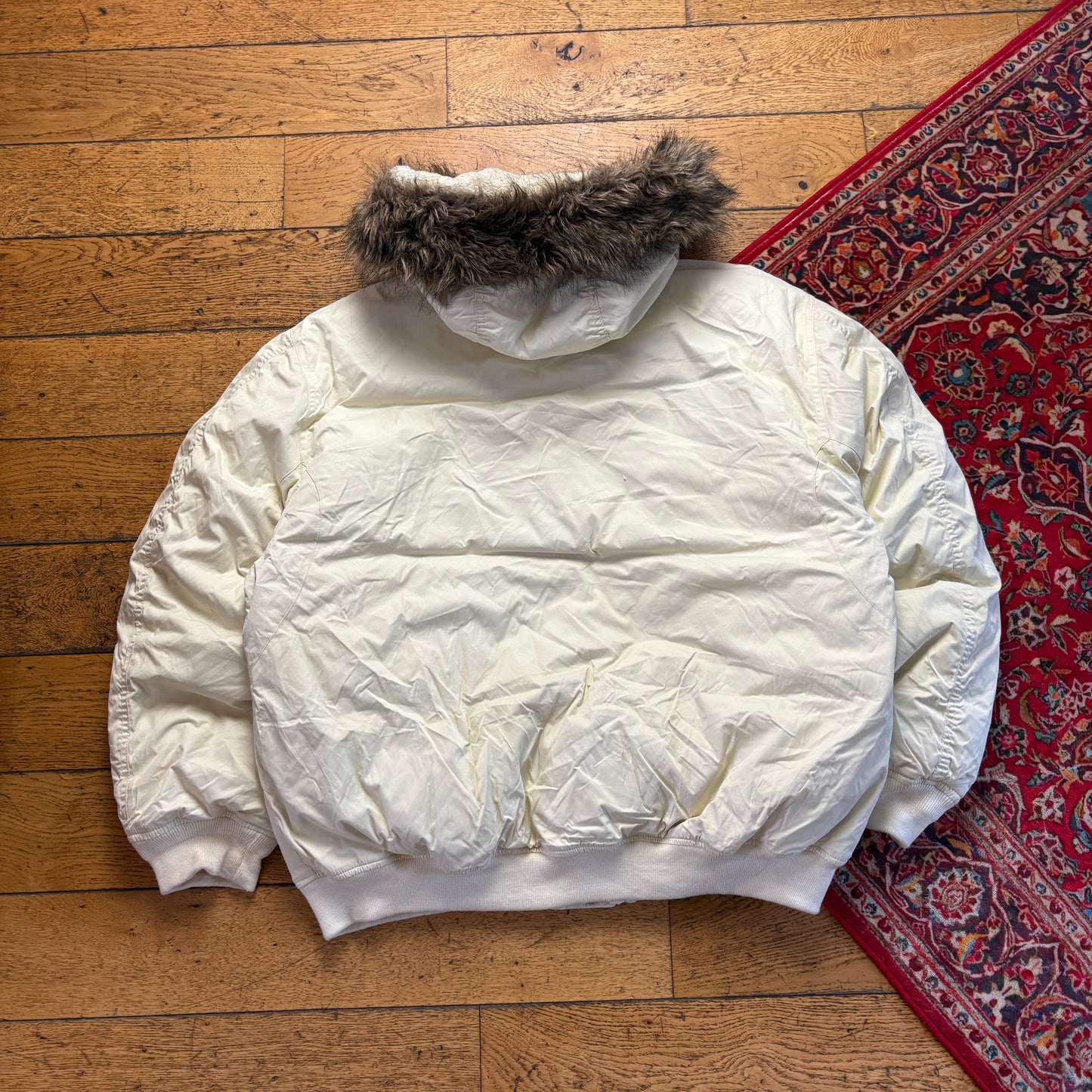 Vintage Ecko Unltd Cream Fur Hood Bomber Aviator Jacket - XL