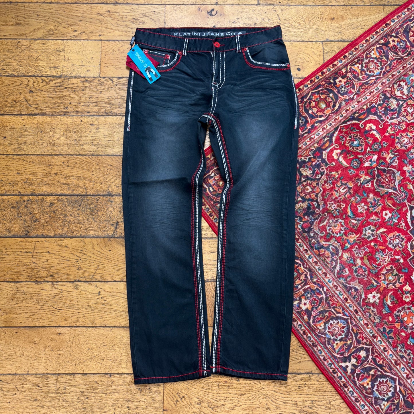 Vintage Navy Blue Grey Embroidered Y2K Hip Hop Straight Jeans - 36R