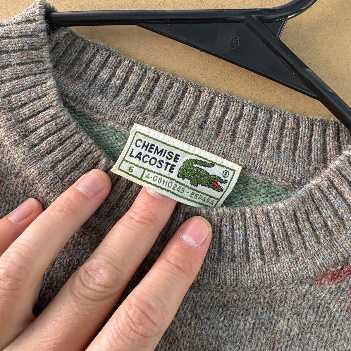 Vintage Chemise Lacoste 90s Green Grey Pattern Wool Chunky Knit Jumper - M