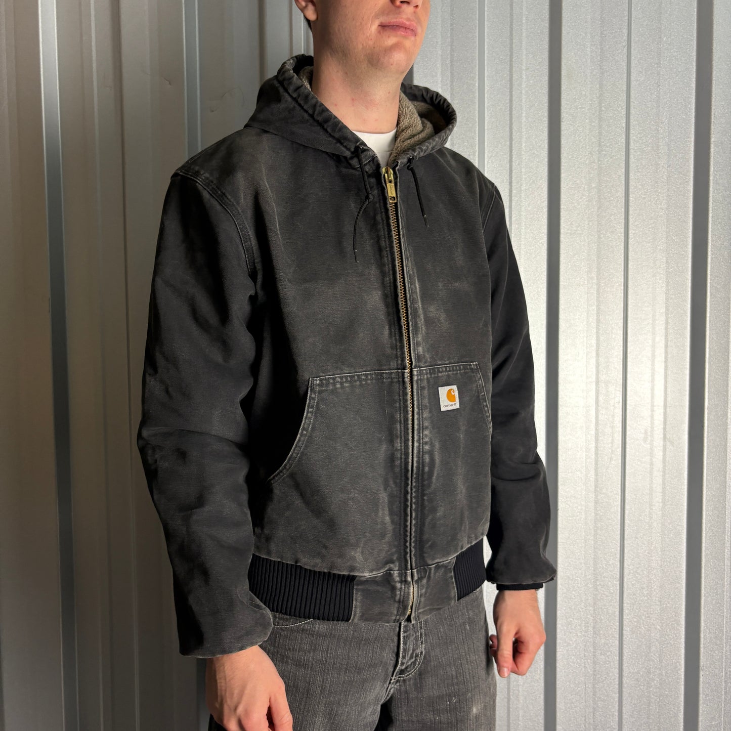 Vintage Carhartt Active Jacket Fleece Lined Workwear Hoodie Black - L