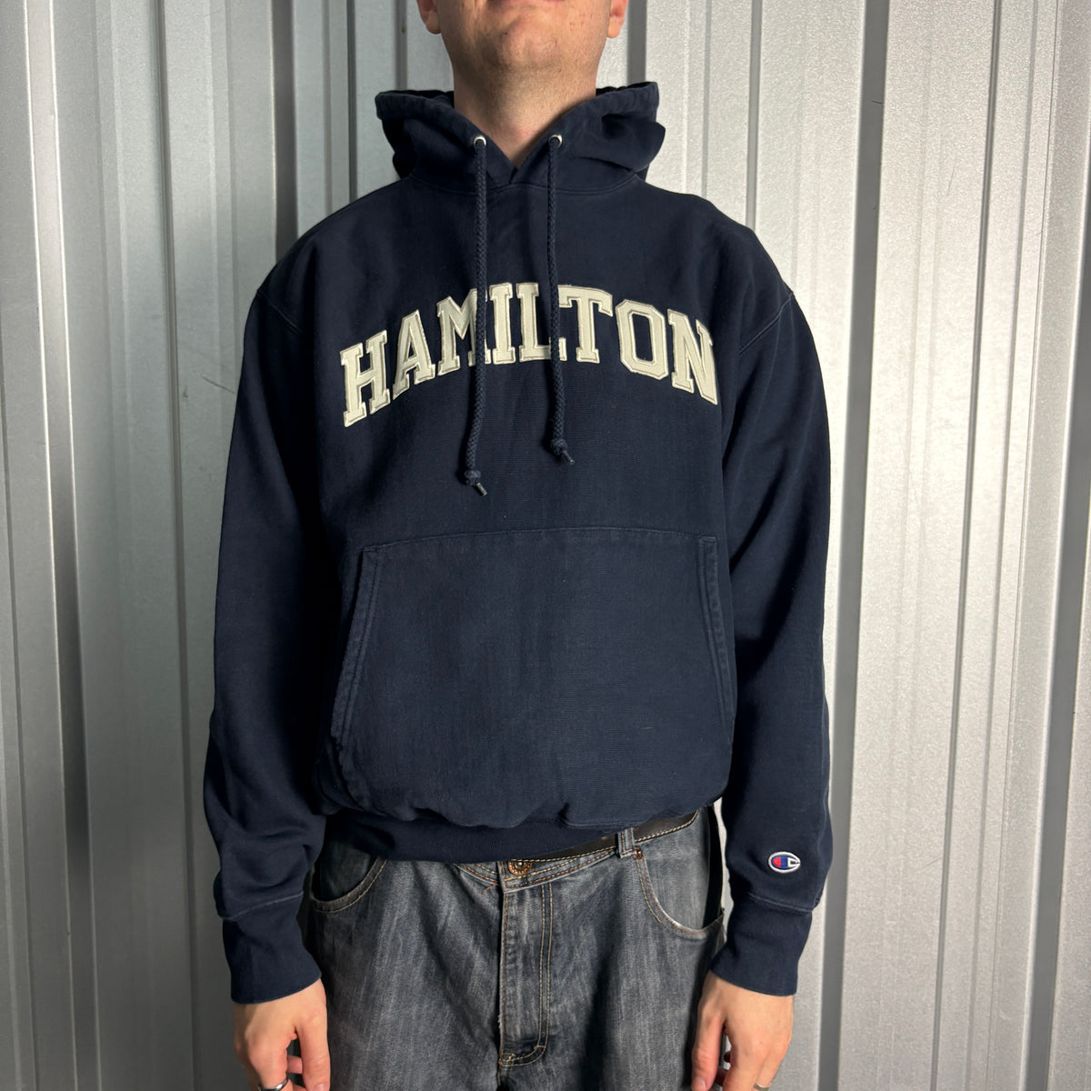 Champion Navy Boxy Hoodie Embroidered USA College Sweatshirt - M
