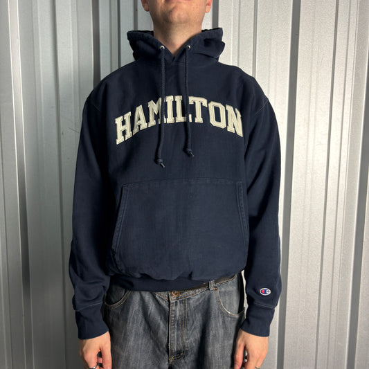 Champion Navy Boxy Hoodie Embroidered USA College Sweatshirt - M