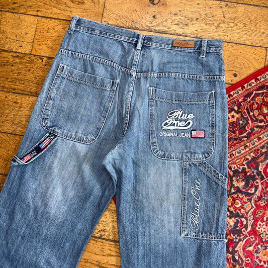 Vintage Blue Embroidered Y2K Hip Hop Baggy Jeans Shorts Jorts - 36