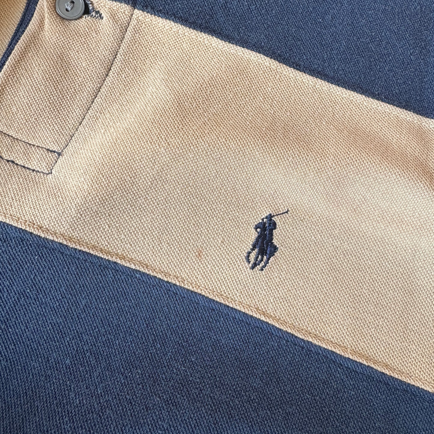 Vintage Ralph Lauren Cream Navy Stripe Rugby Polo Shirt - M