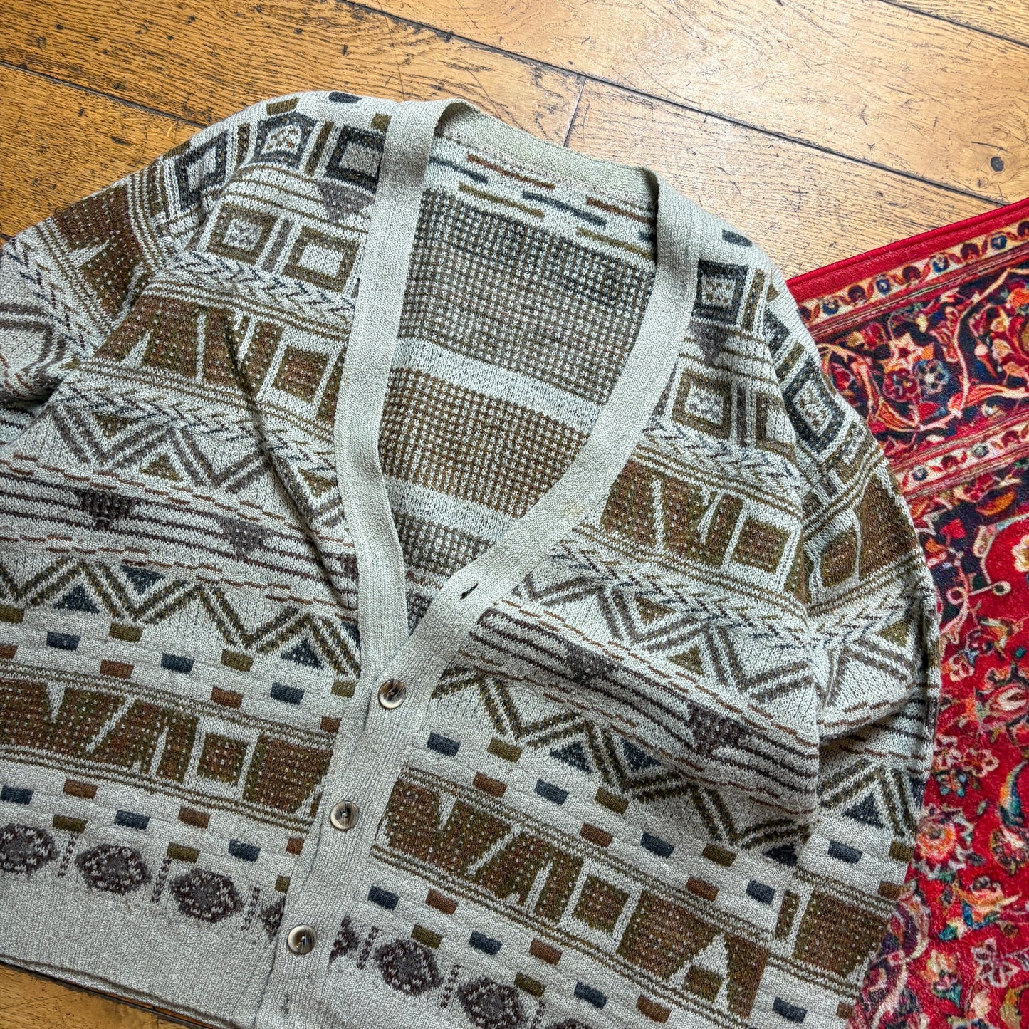 Vintage Grey Pattern Chunky Knit Cardigan Jumper - XL