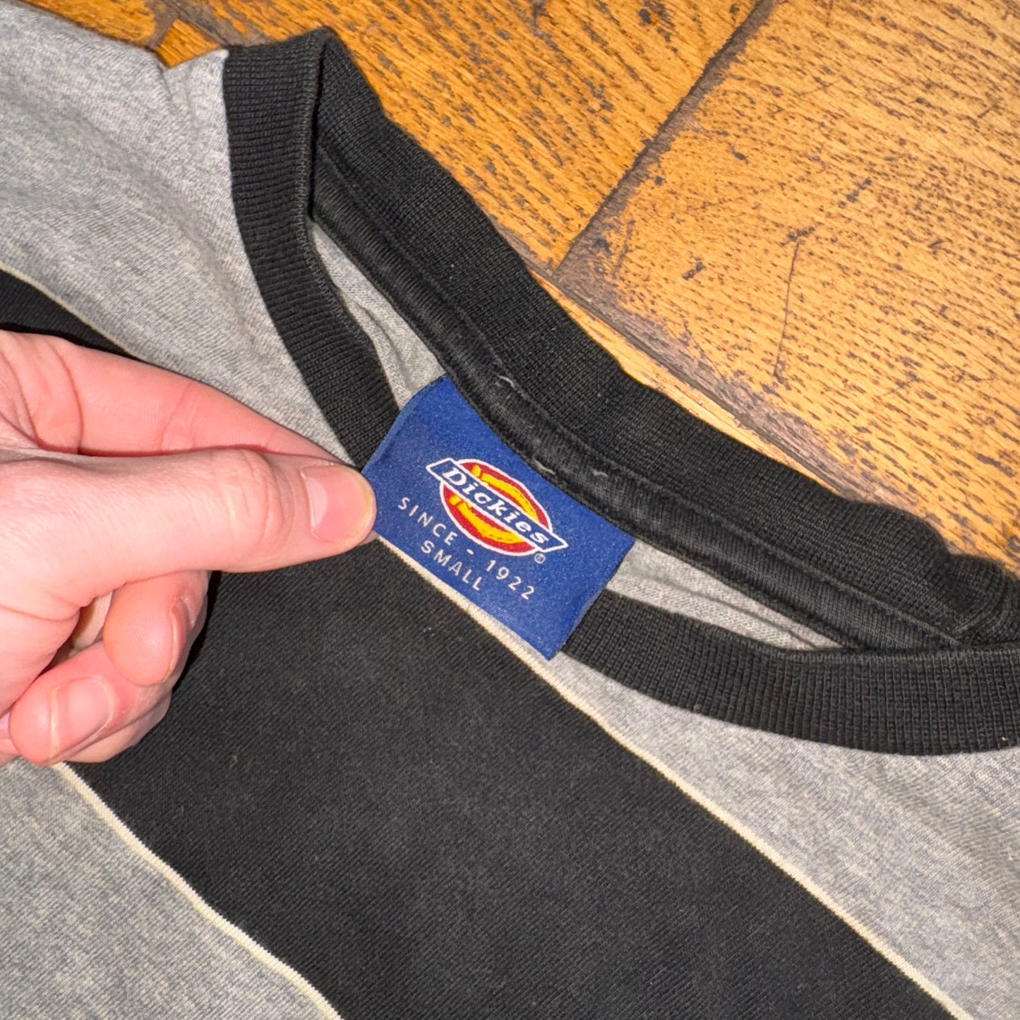Vintage Dickies Grey Black Long Sleeve Stripe Embroidered T-Shirt - XS