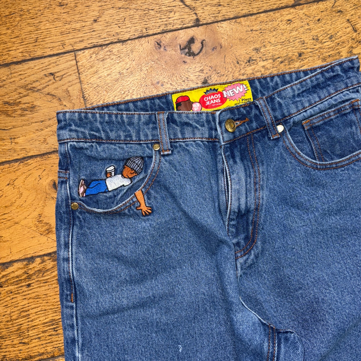 Vintage Chaos Jeans Blue Tapered Embroidered Y2K Hip Hop Baggy Jeans - 30S