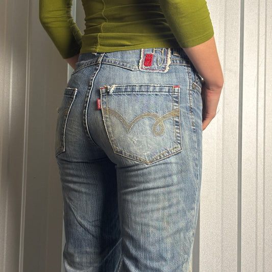 Denma Blue Embroidered Japanese Denim Hip Hop Y2K Baggy Jeans - 30R
