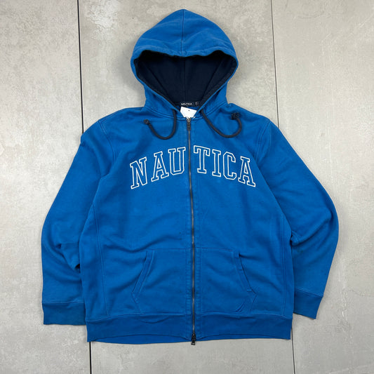 Vintage Nautica Embroidered Spellout Blue Double Zip Hoodie - XL