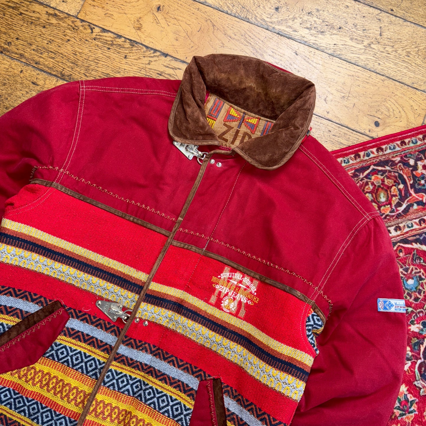 Vintage Zip Red Native American Fireman Clasp Quilted Jacket - XL