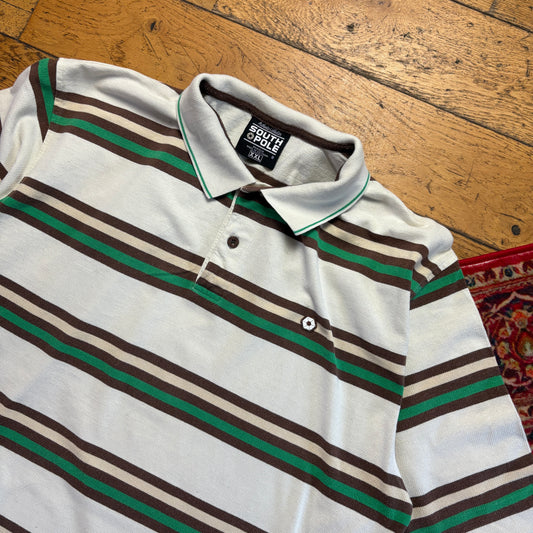 Vintage Southpole White Green Stripe Hip Hop Polo Shirt - 2XL