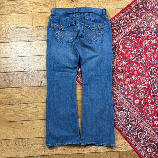 Vintage Nobo Blue Embroidered Y2K Hip Hop Bootcut Baggy Jeans - 36