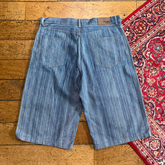 Vintage Brooklyn Express Blue Pinstripe Y2K Hip Hop Baggy Jeans Shorts Jorts -40