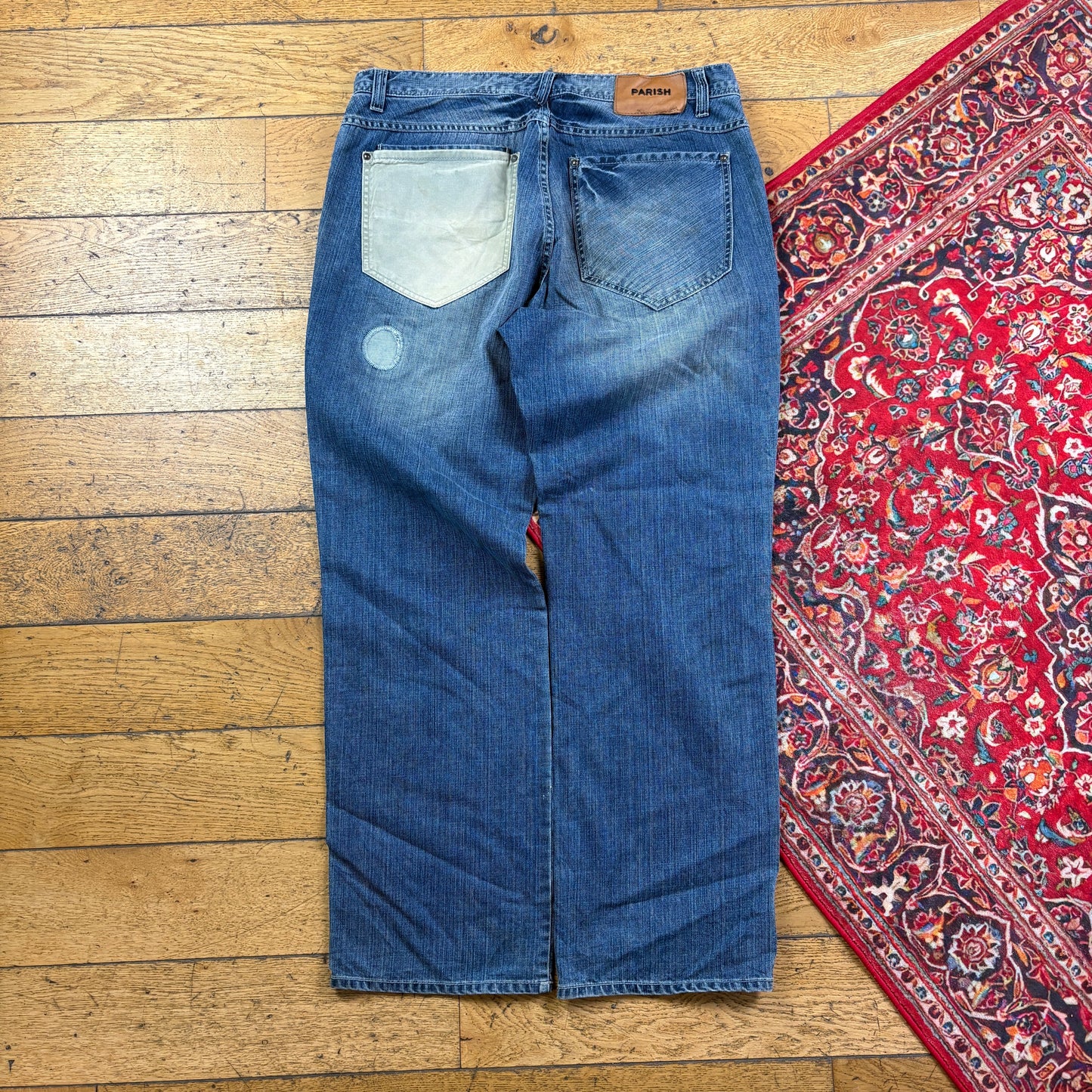 Vintage Blue Embroidered Y2K Hip Hop Baggy Jeans - 38