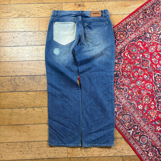 Vintage Blue Embroidered Y2K Hip Hop Baggy Jeans - 38