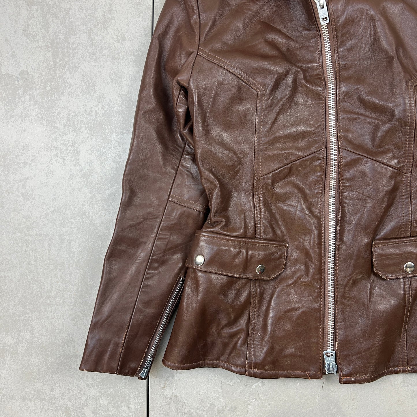 Vintage Y2K Brown Genuine Leather Bomber Trench Jacket - Size 8