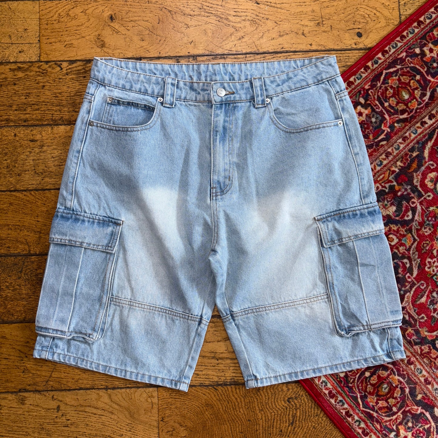Vintage Blue Cargo Embroidered Y2K Hip Hop Baggy Jeans Shorts Jorts - 38