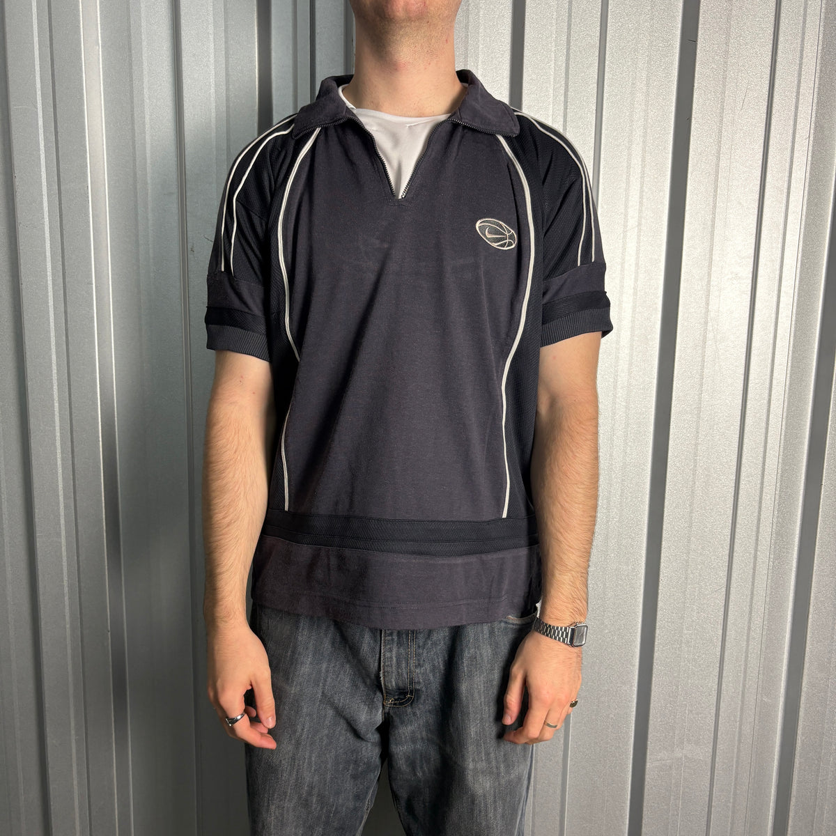 Nike 90s Basketball Black Embroidered Zip Polo T Shirt - M