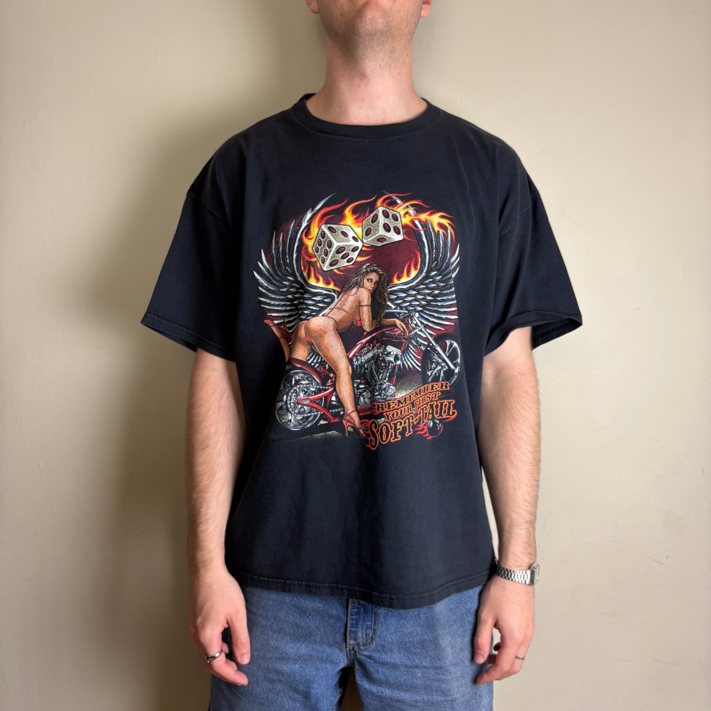 Vintage Motorbike Gambling Black Flames Graphic T-Shirt - XL