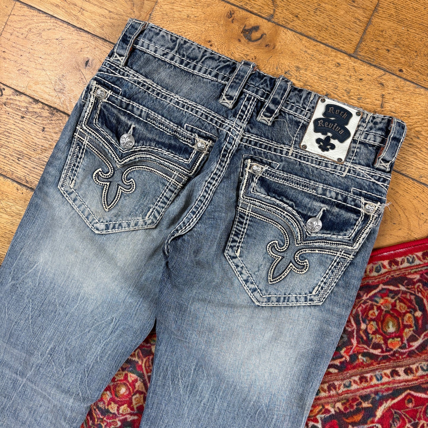 Vintage Rock Revival Blue Embroidered Y2K Hip Hop Bootcut Jeans - 34