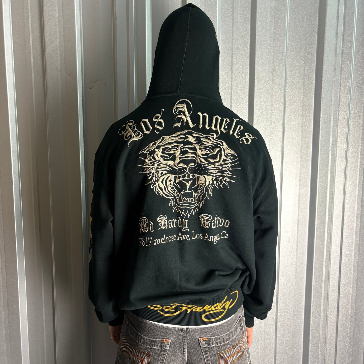 Vintage Ed Hardy Y2K Black Zip Hip Hop Embroidered Hoodie Sweatshirt - 2XL