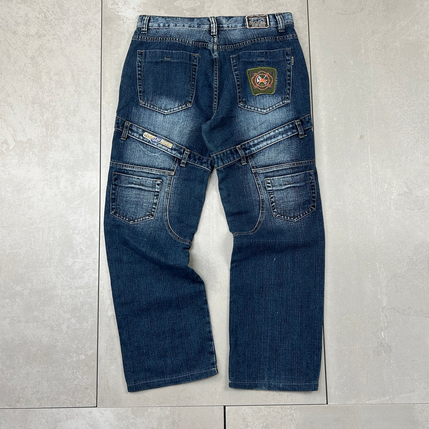 Vintage Embroidered Hip Hop Double Knee Baggy Blue Jeans - 36