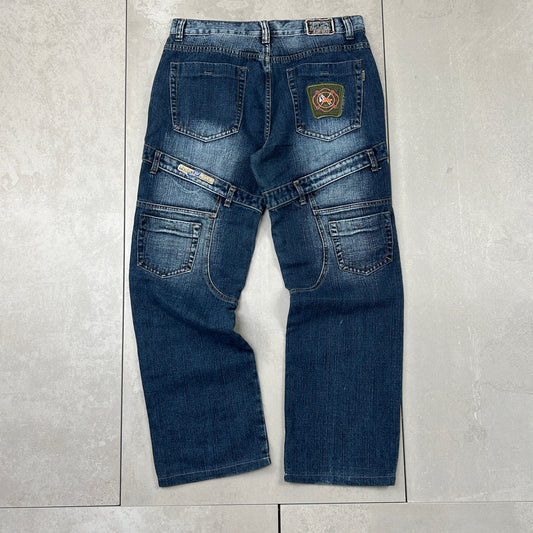 Vintage Embroidered Hip Hop Double Knee Baggy Blue Jeans - 36