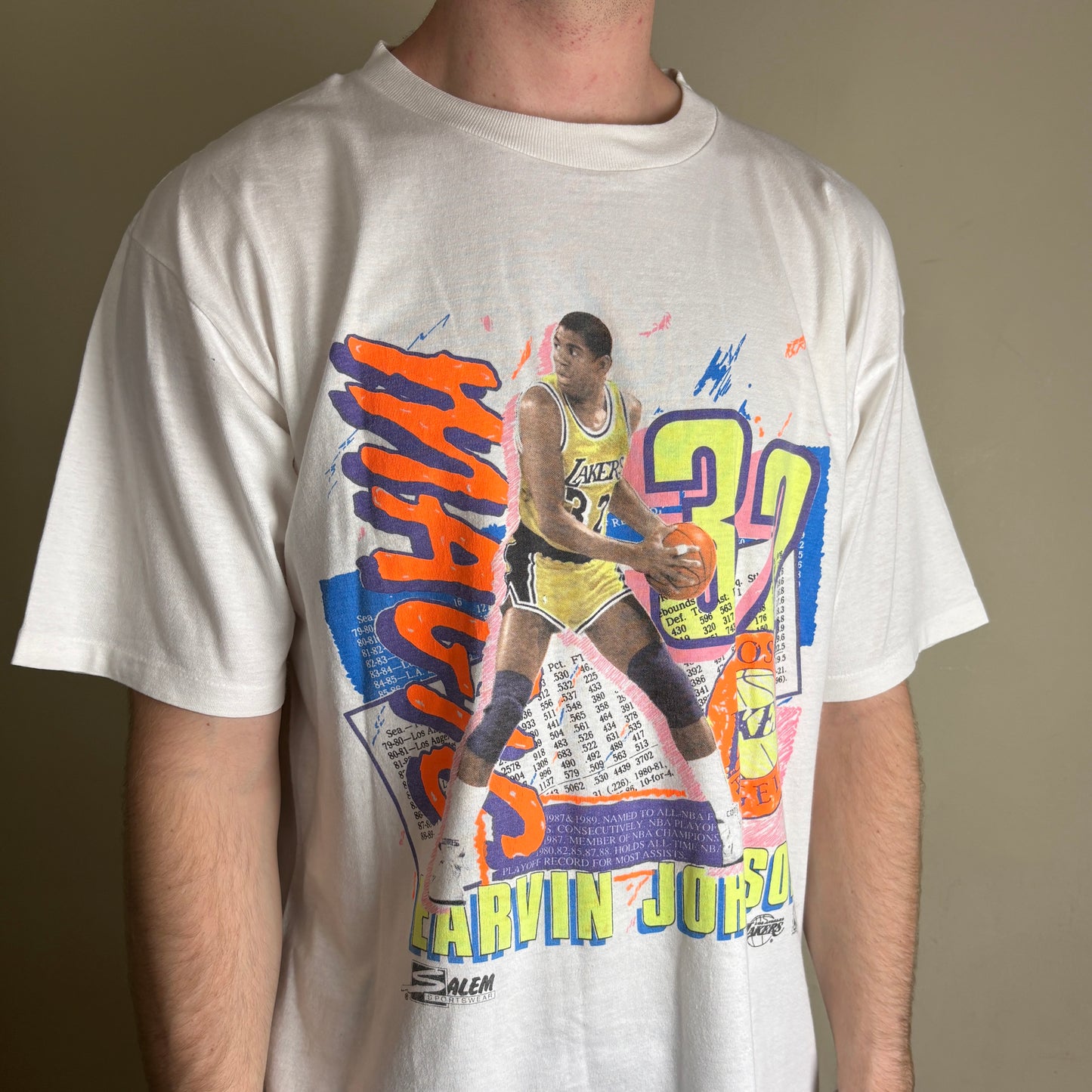 Vintage 90s NBA Lakers Earvin Johnson White Single Stitch Graphic T-Shirt - L
