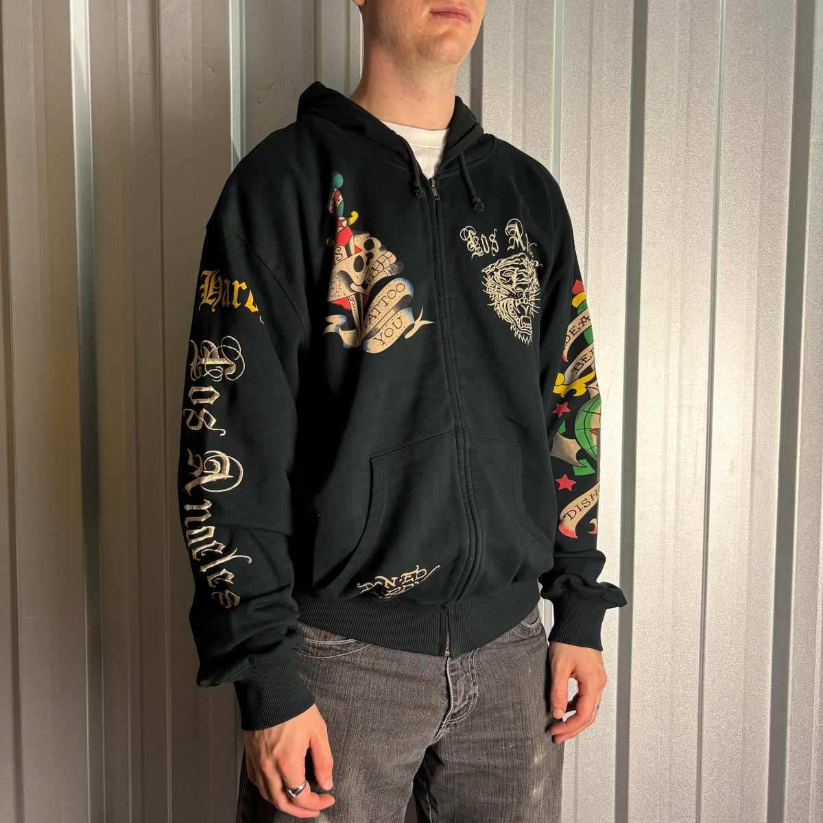 Vintage Ed Hardy Y2K Black Zip Hip Hop Embroidered Hoodie Sweatshirt - 2XL