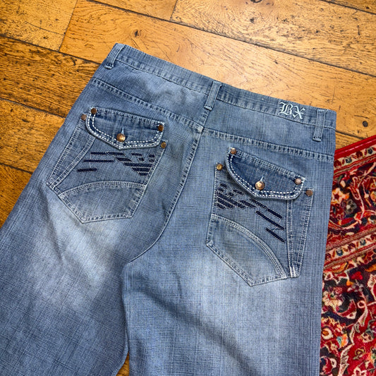 Vintage Embroidered Hip Hop Baggy Blue Shorts Jorts -  36