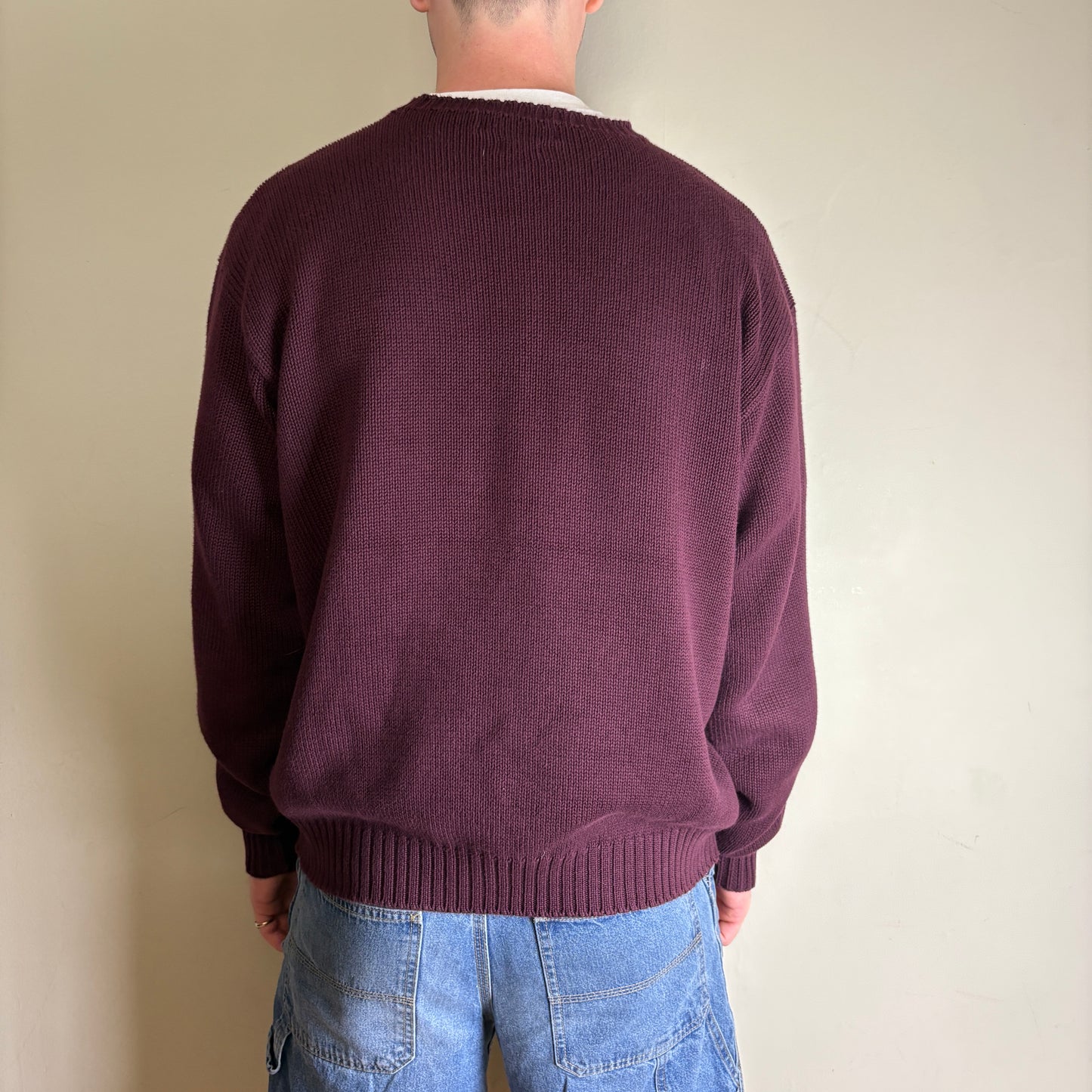 Vintage Ralph Lauren Burgundy Crewneck Chunky Knit Jumper - XL