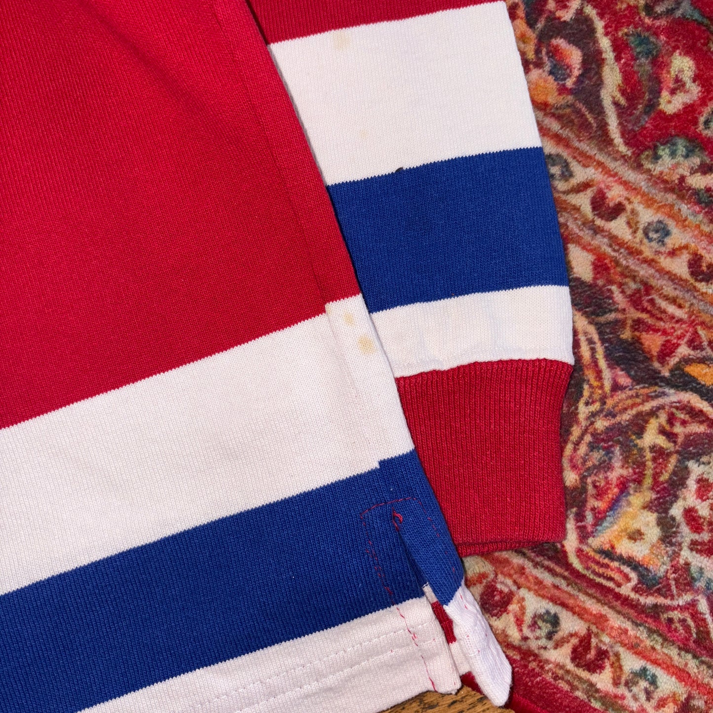 Vintage Polo Sport Ralph Lauren Red Blue Stripe Embroidered Rugby Polo Shirt - M