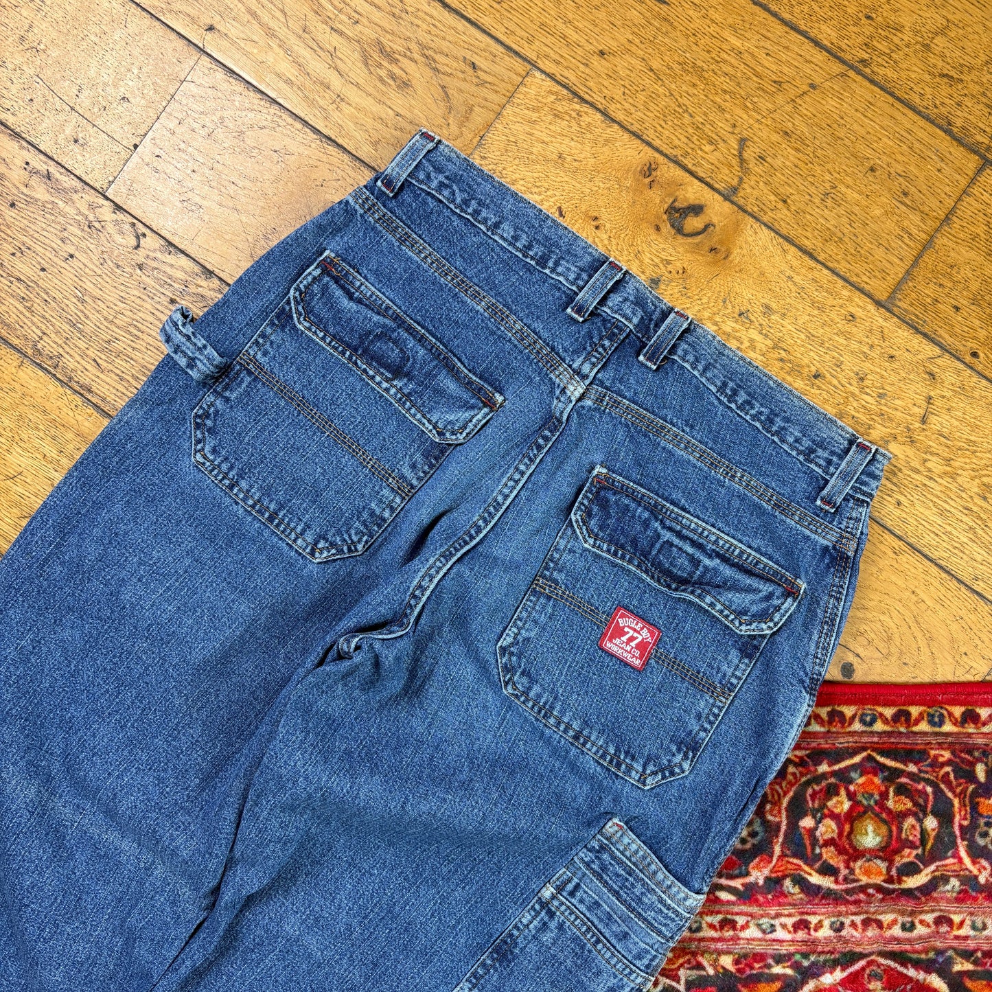 Vintage Bugle Boy Blue Cargo Embroidered Y2K Hip Hop Baggy Jeans - 34