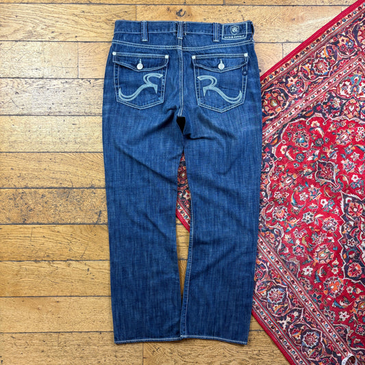 Vintage Rock and Republic Blue Embroidered Y2K Hip Hop Baggy Jeans - 36