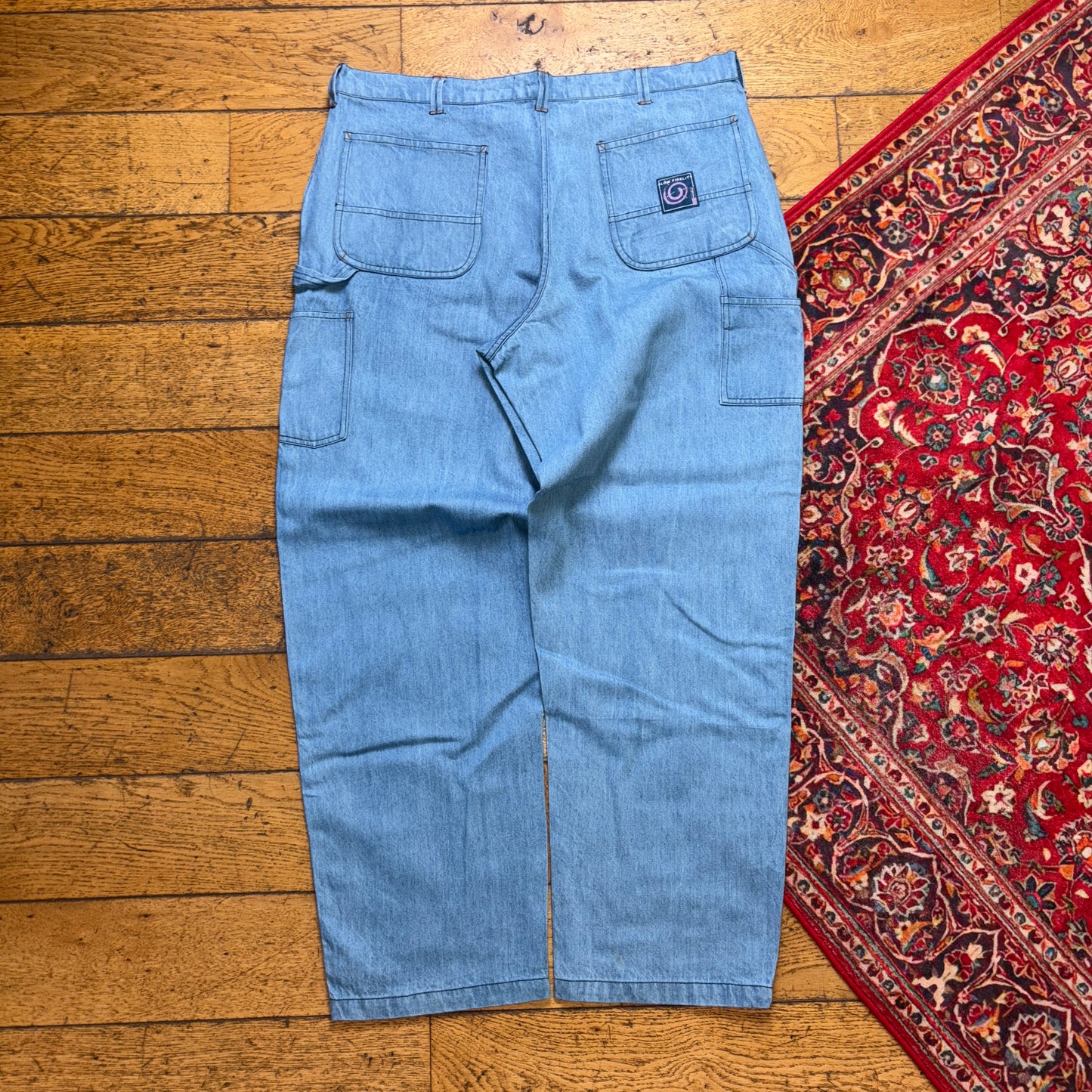 Vintage Blue Double Knee Embroidered Hip Hop Y2K Baggy Jeans - 38R
