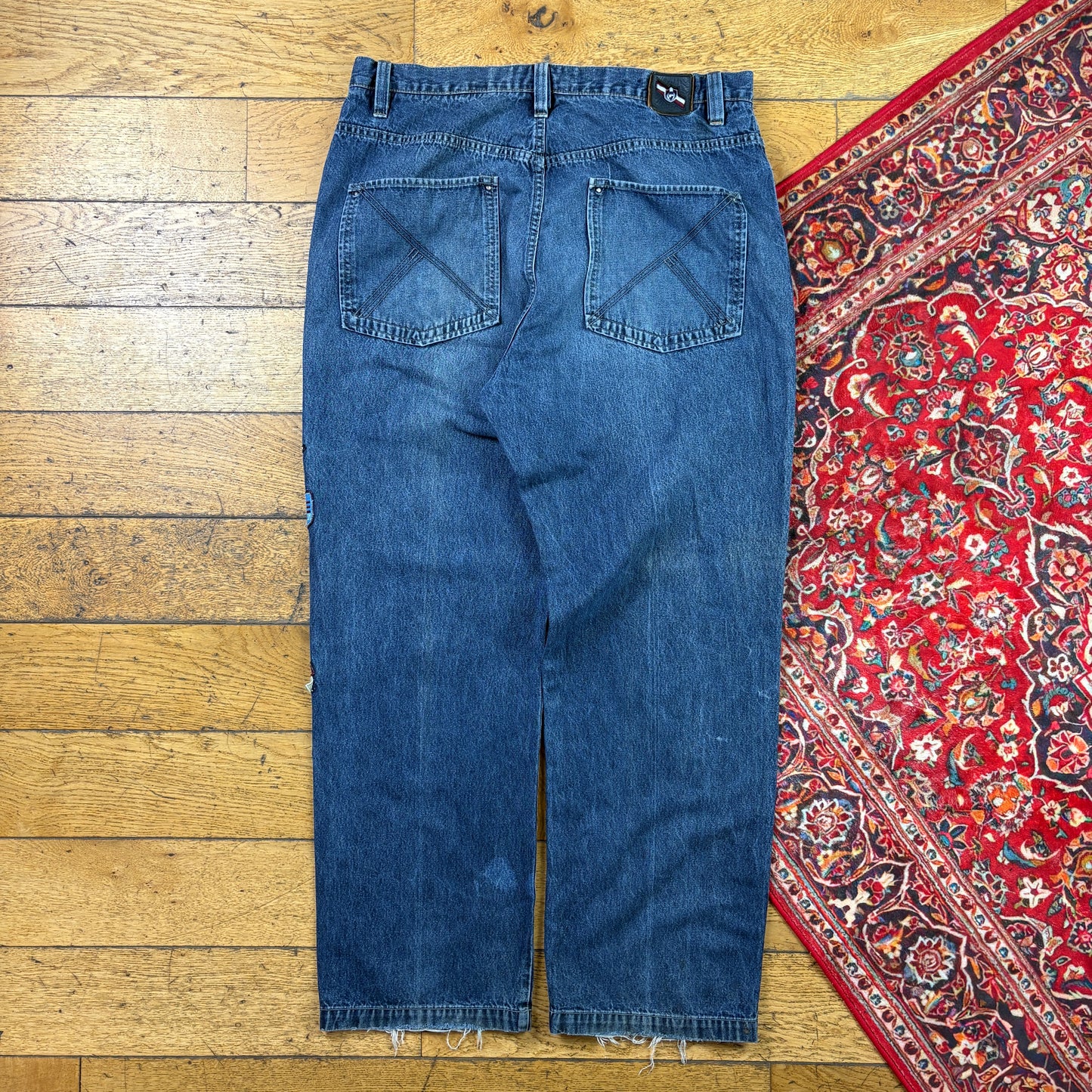 Vintage Phat Farm Blue Patchwork Embroidered Y2K Hip Hop Baggy Jeans - 38