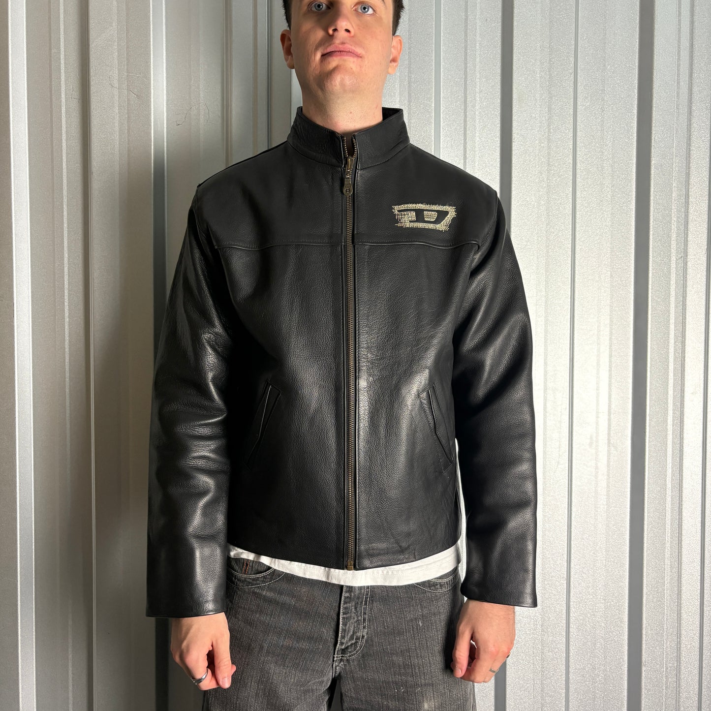 Vintage Diesel Black Embroidered Y2K 00s Leather Biker Jacket - S