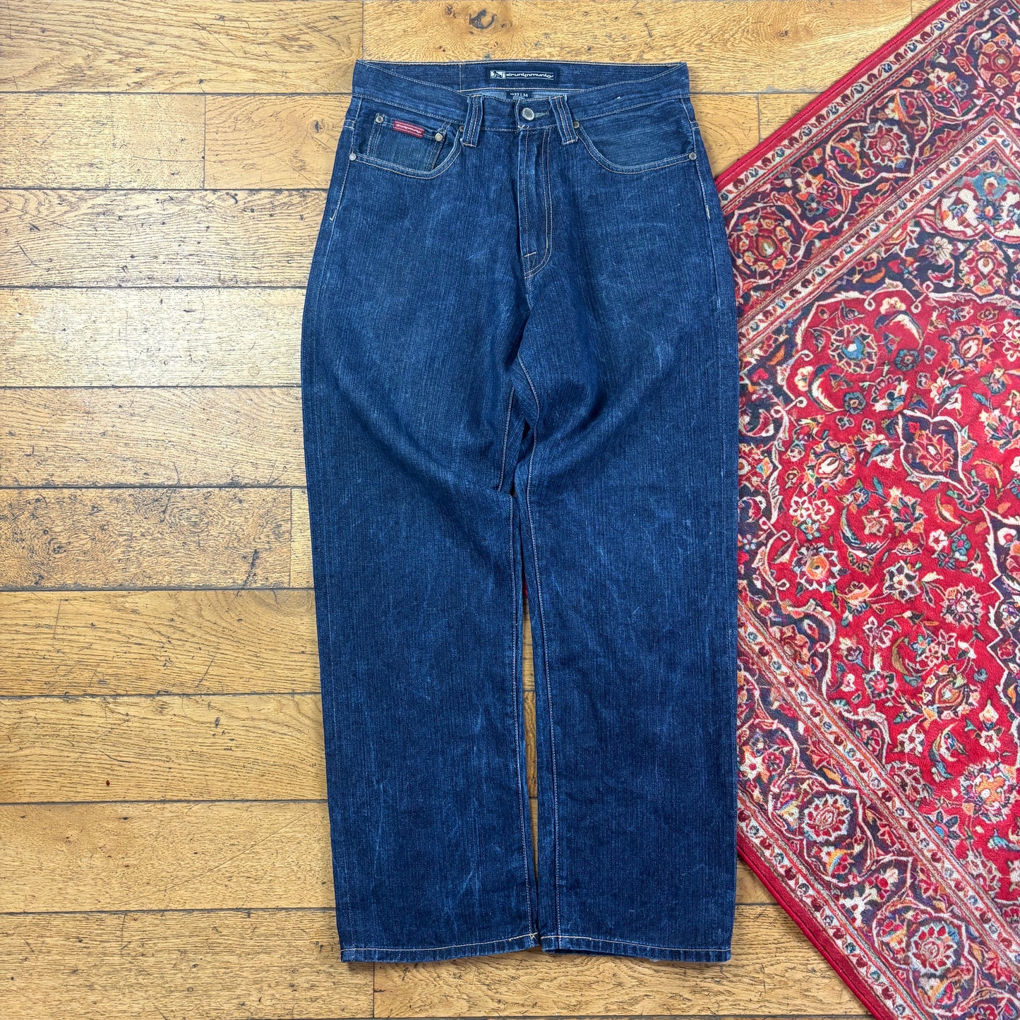 Vintage Drunknmunky Blue Embroidered Y2K Hip Hop Baggy Jeans - 34