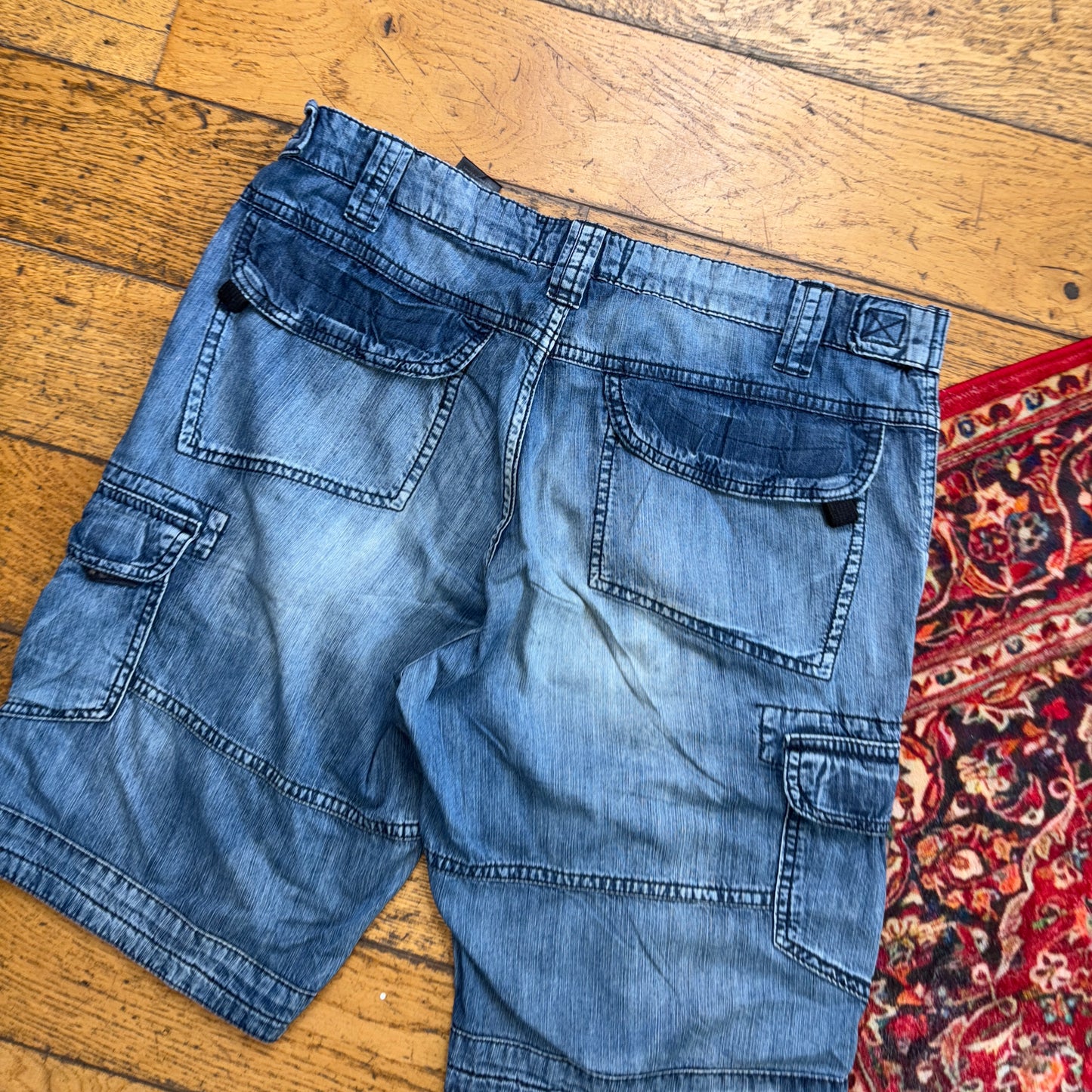 Vintage Hip Hop Double Knee Blue Cargo Baggy Shorts Jorts - 34