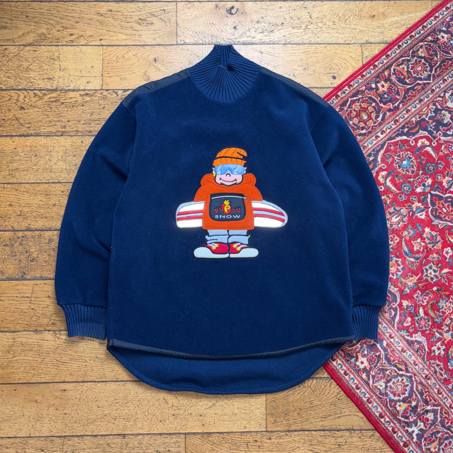Vintage 90s Navy Snowboard Pupidu Fleece Embroidered Sweatshirt - XL
