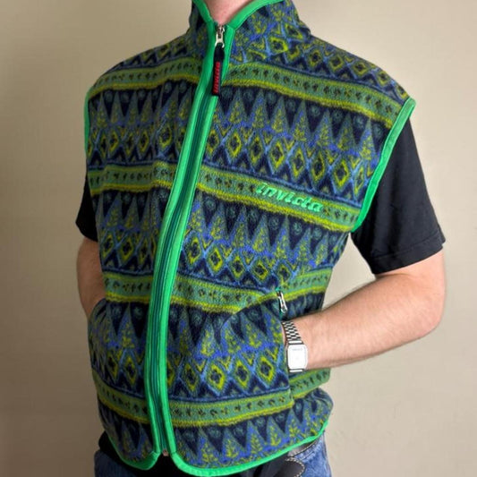 Vintage Invicta Green Pattern Fleece Gilet Vest Gorpcore Jacket - L