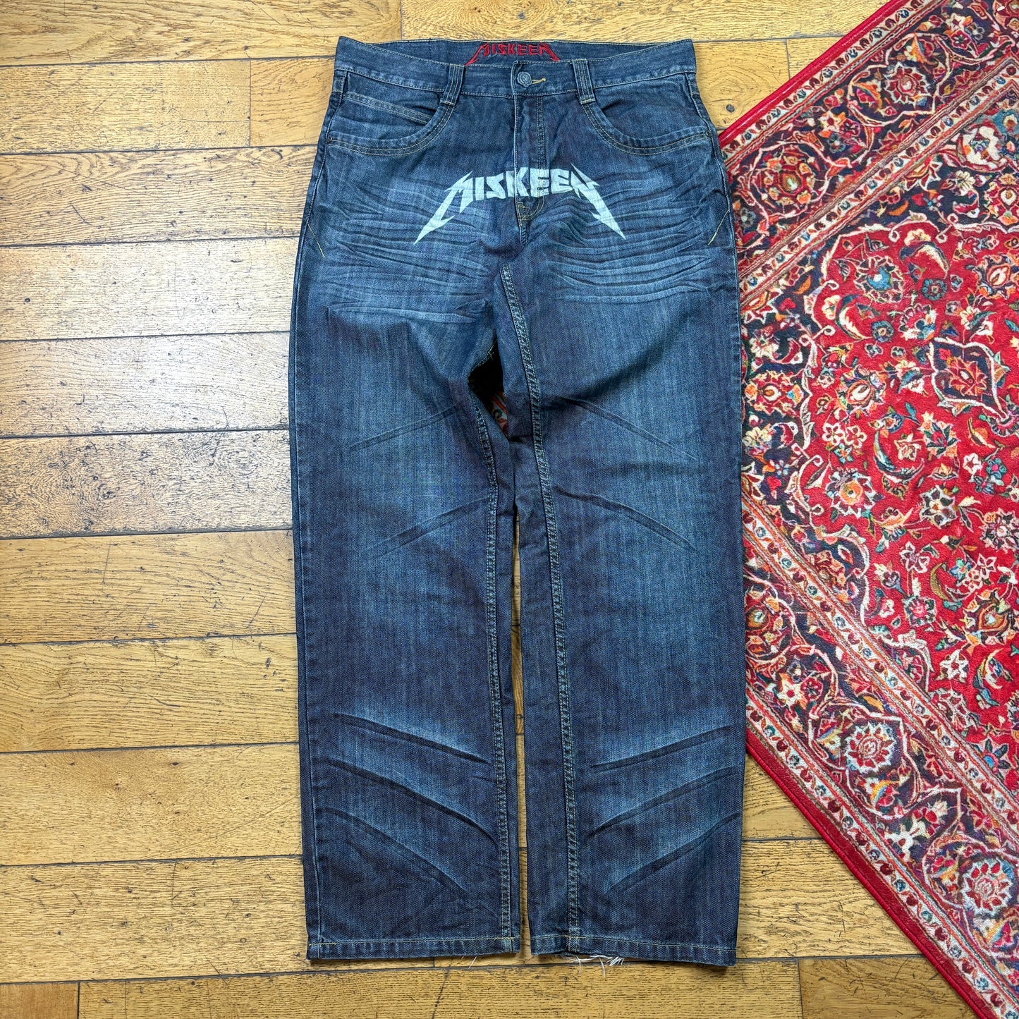 Vintage Miskeen Blue Embroidered Y2K Hip Hop Baggy Jeans - 36