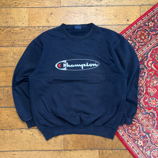 Vintage Champion Navy Spellout Embroidered Sweatshirt - L